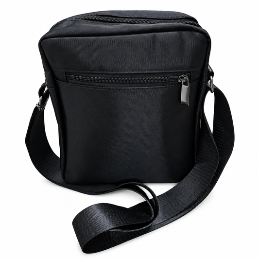 Across black multi-pocket crossbody shoulder bag rear view on white background