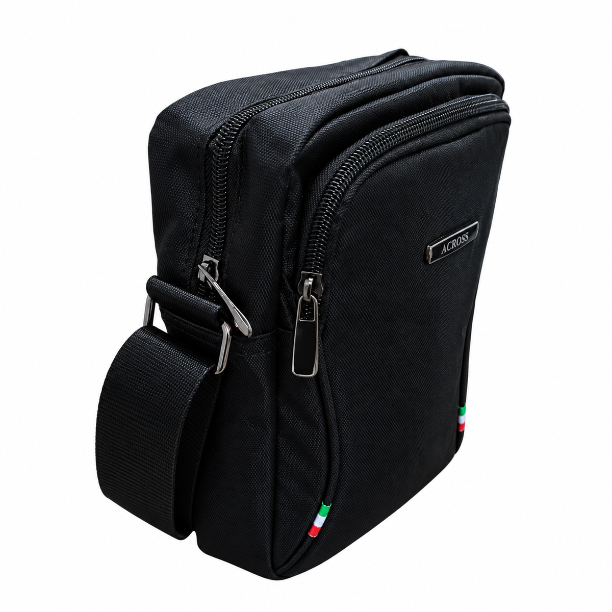 Across black multi-pocket crossbody shoulder bag side view with tricolor accents