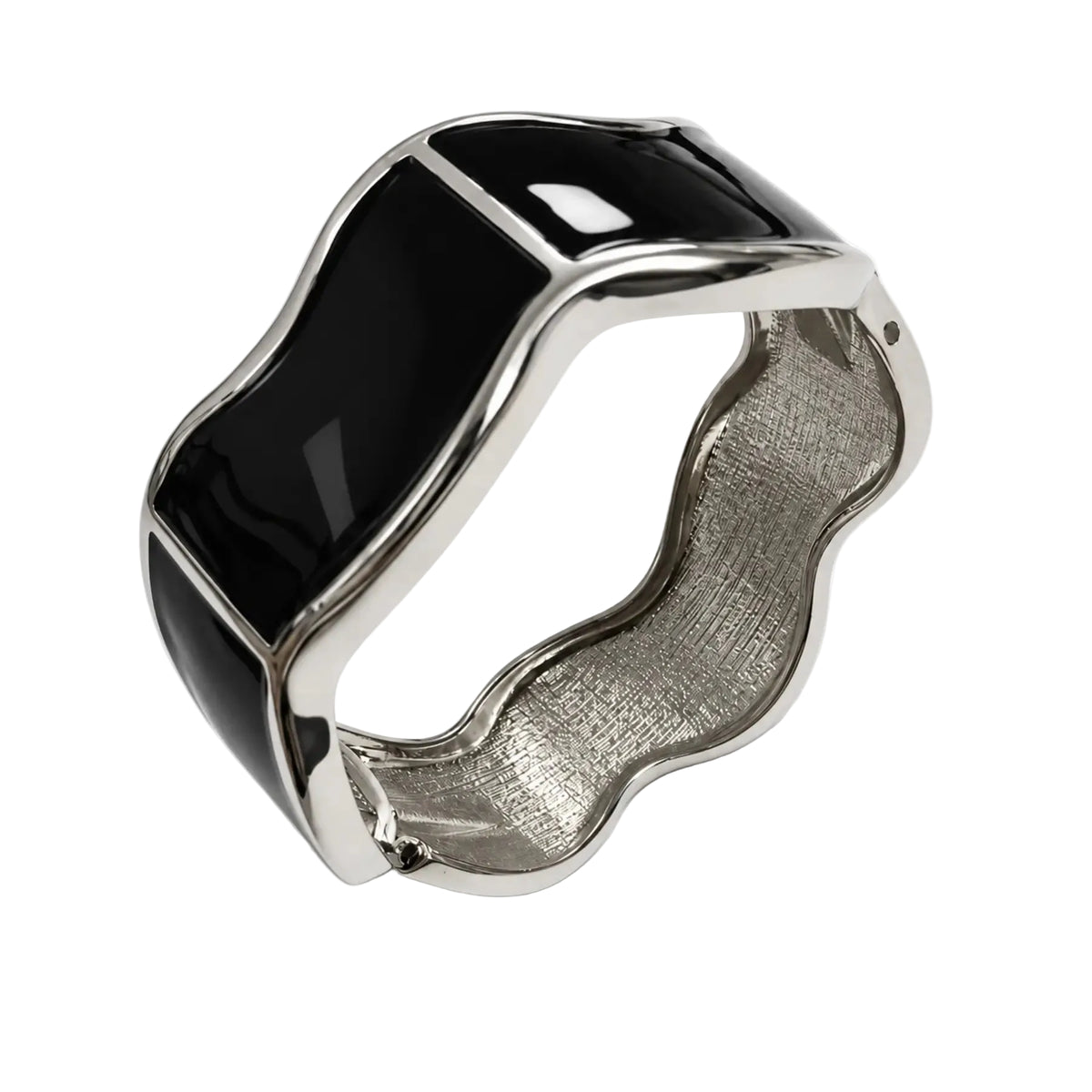 Women's black and silver-tone wavy hinged bangle open view
