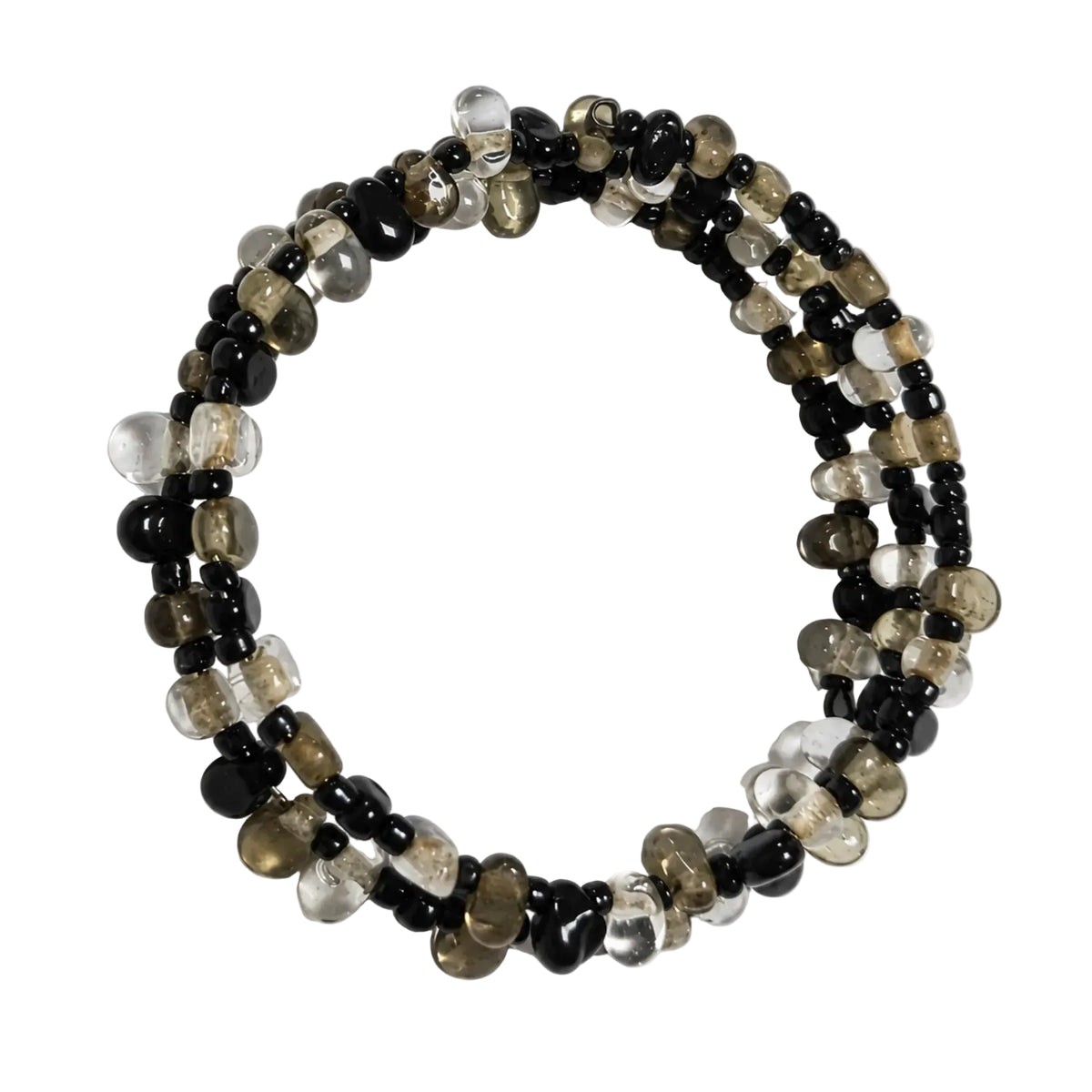 Top view of black clear and smoky multi-strand bracelet
