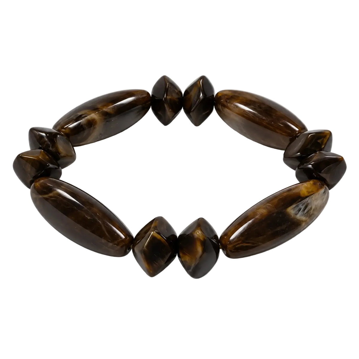 Dark brown glossy marbled bead stretch bracelet, angled view