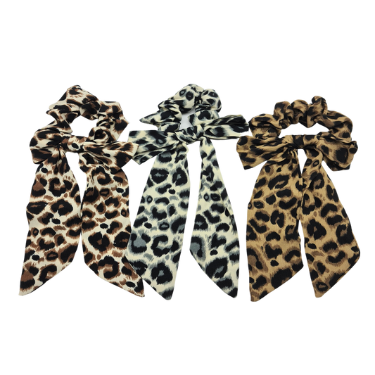 Leopard Print Satin Scrunchie Bow Set