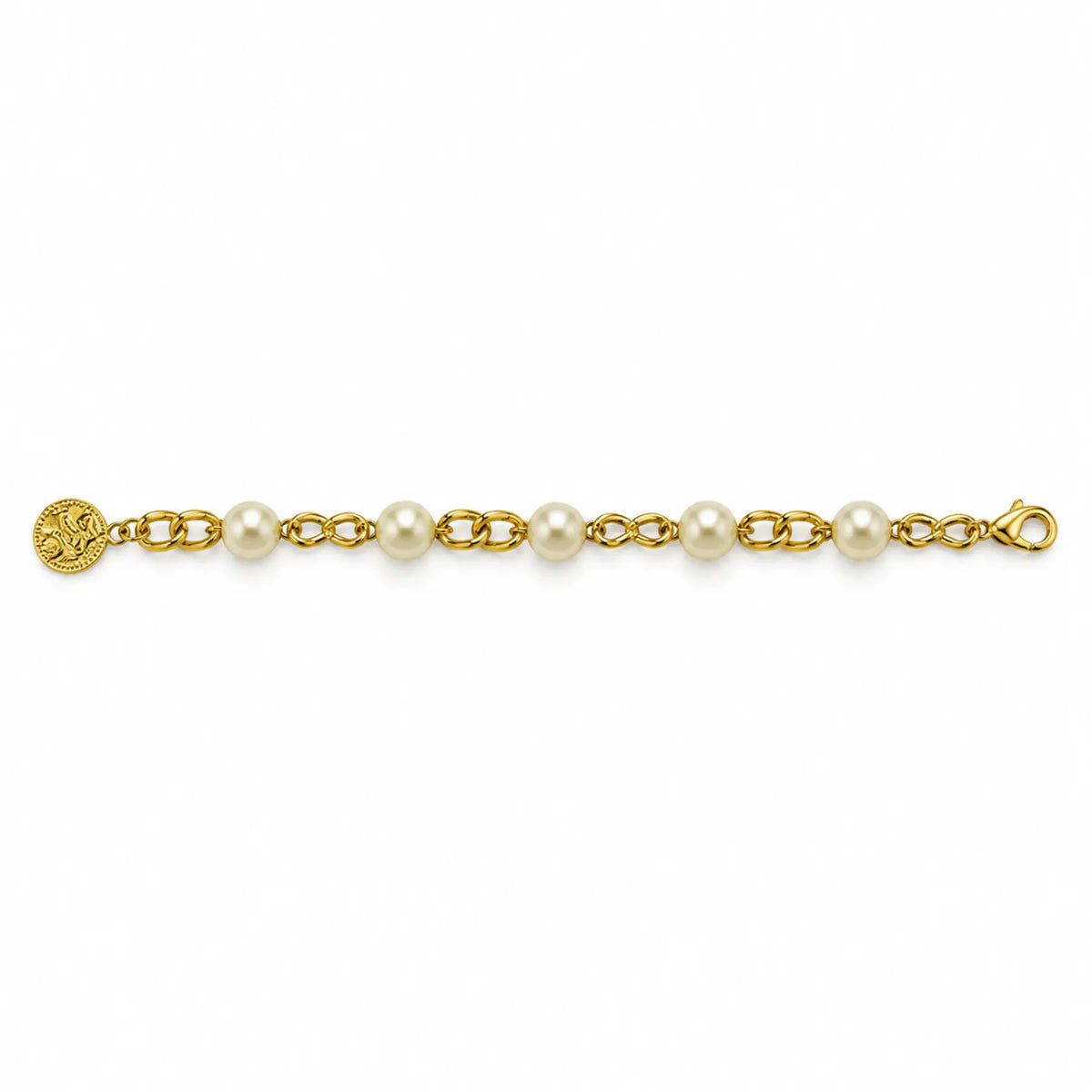 Gold-tone pearl-style infinity-link bracelet laid flat