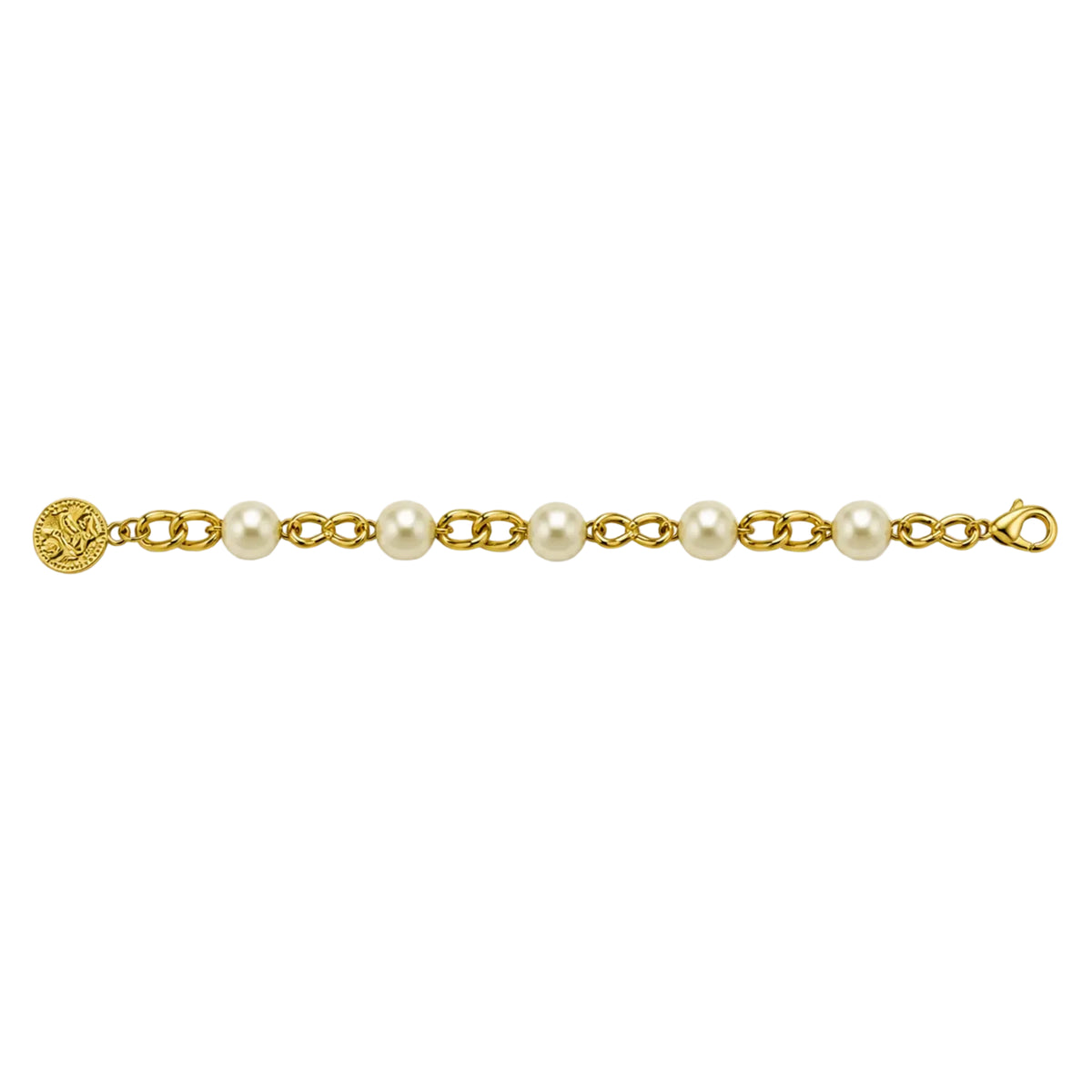 Gold-tone pearl-style infinity-link bracelet laid flat