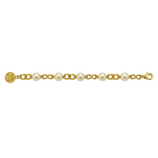 Gold-tone pearl-style infinity-link bracelet laid flat
