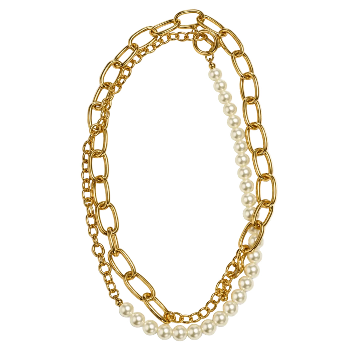 Upright gold-tone double-chain necklace with mixed links and ivory pearl-style beads