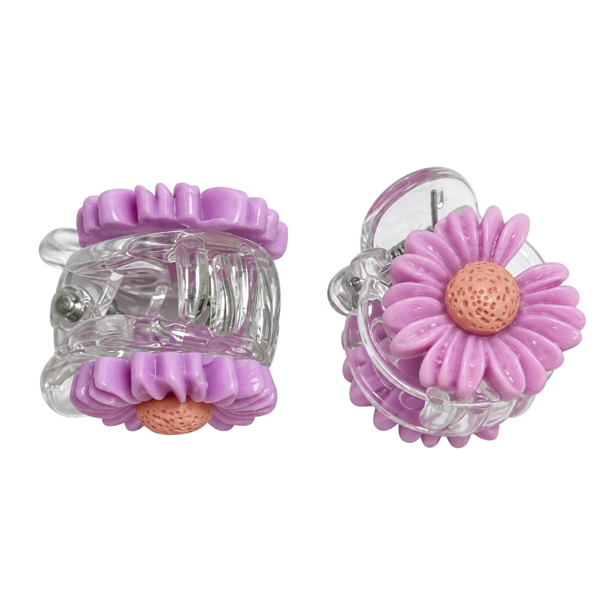 Kids flower mini claw hair clip pair in purple with peach centers