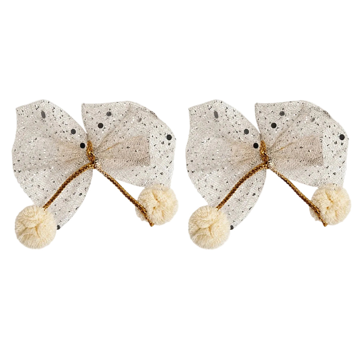 Pair of kids glitter pom-pom bow hair clips in cream