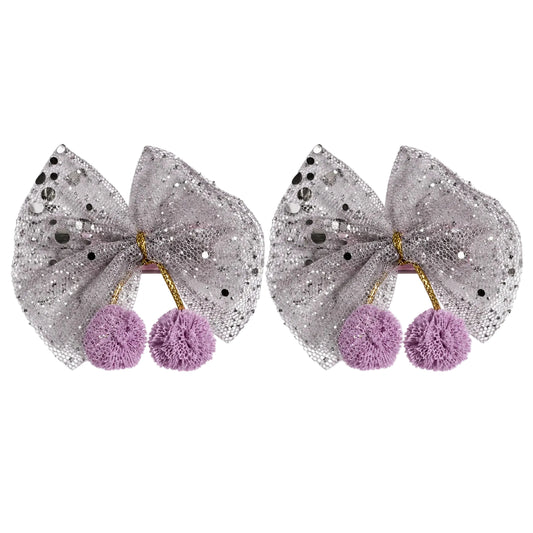Pair of kids glitter pom-pom bow hair clips in lilac