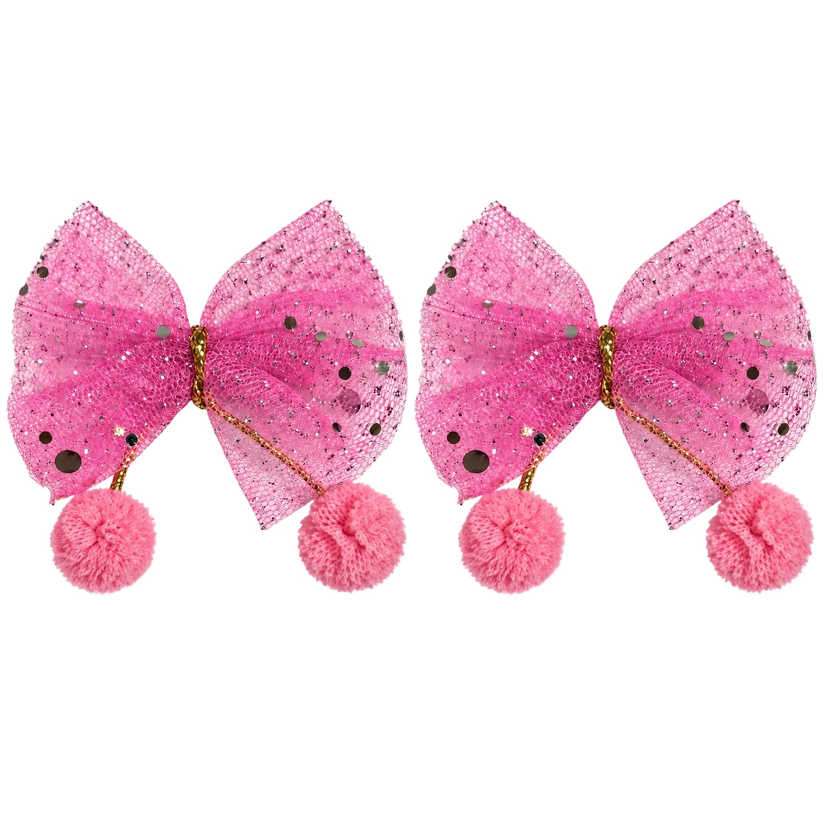 Pair of kids glitter pom-pom bow hair clips in pink