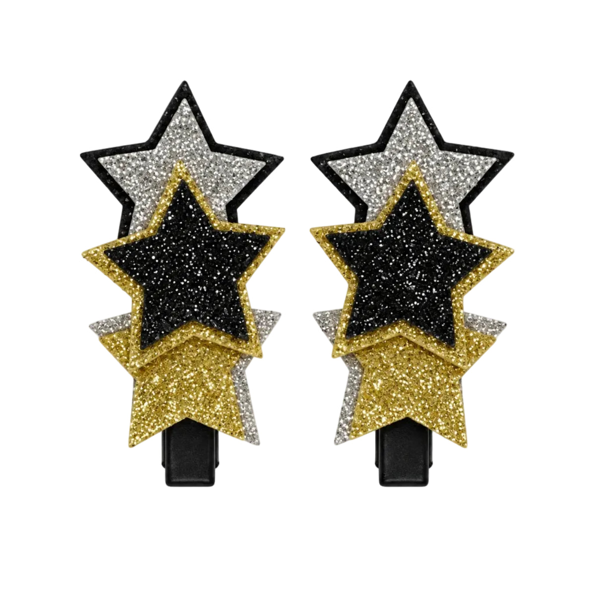 Kids glitter star hair clips pair in gold, silver and black