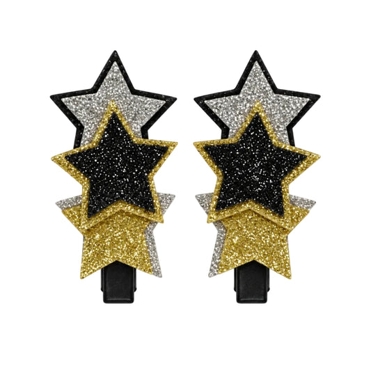 Kids glitter star hair clips pair in gold, silver and black