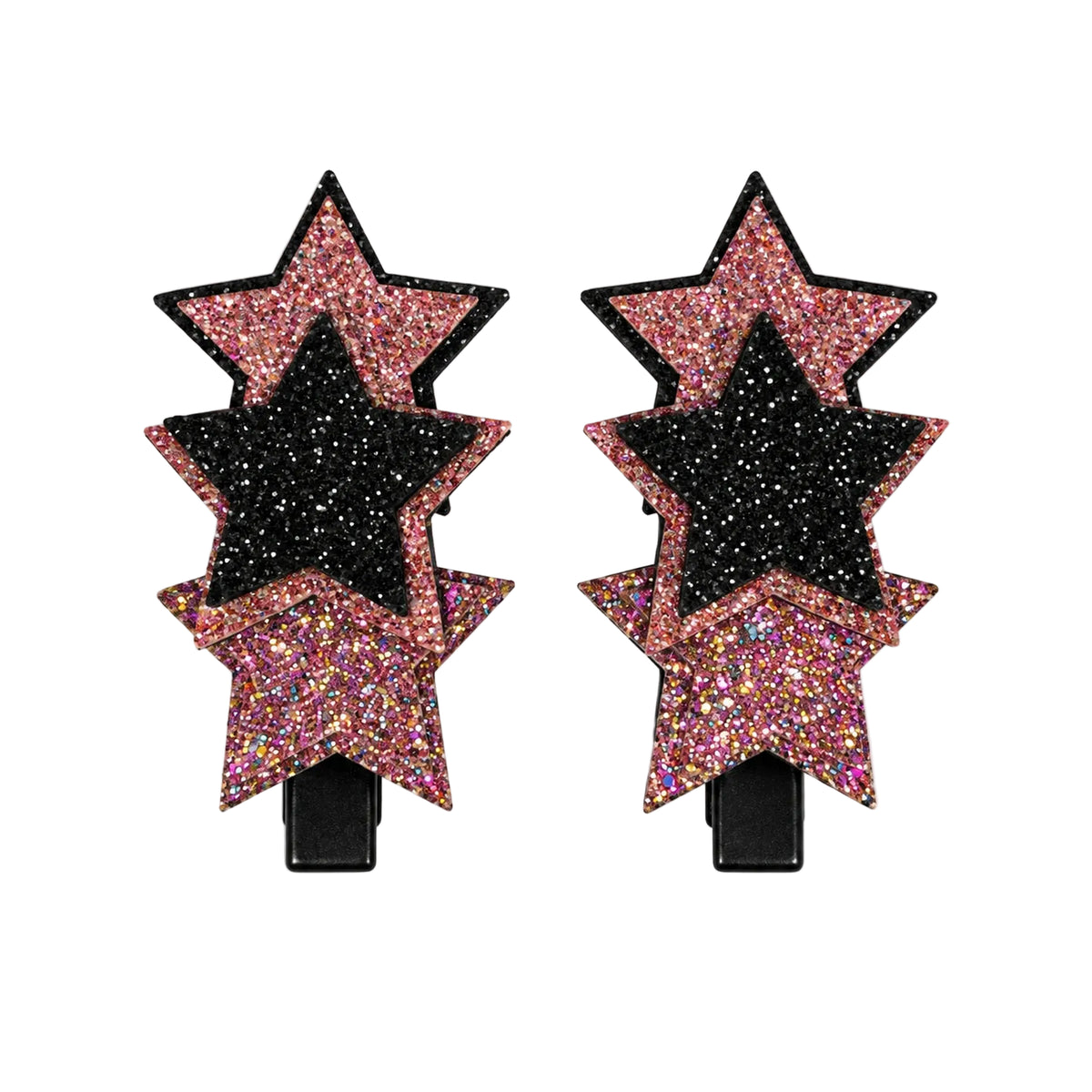 Kids glitter star hair clips pair in pink and black