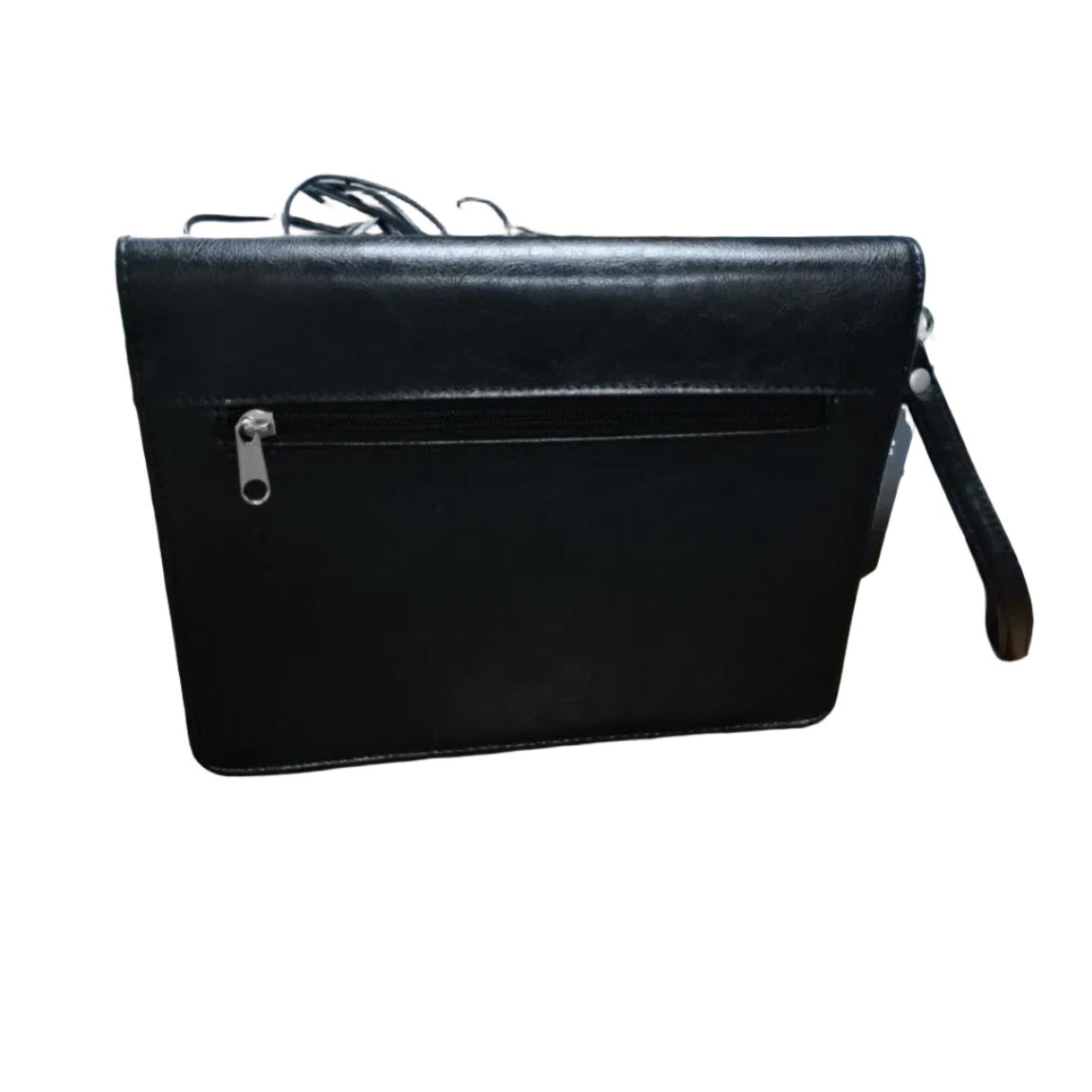 Migant black clutch bag back view with zip pocket