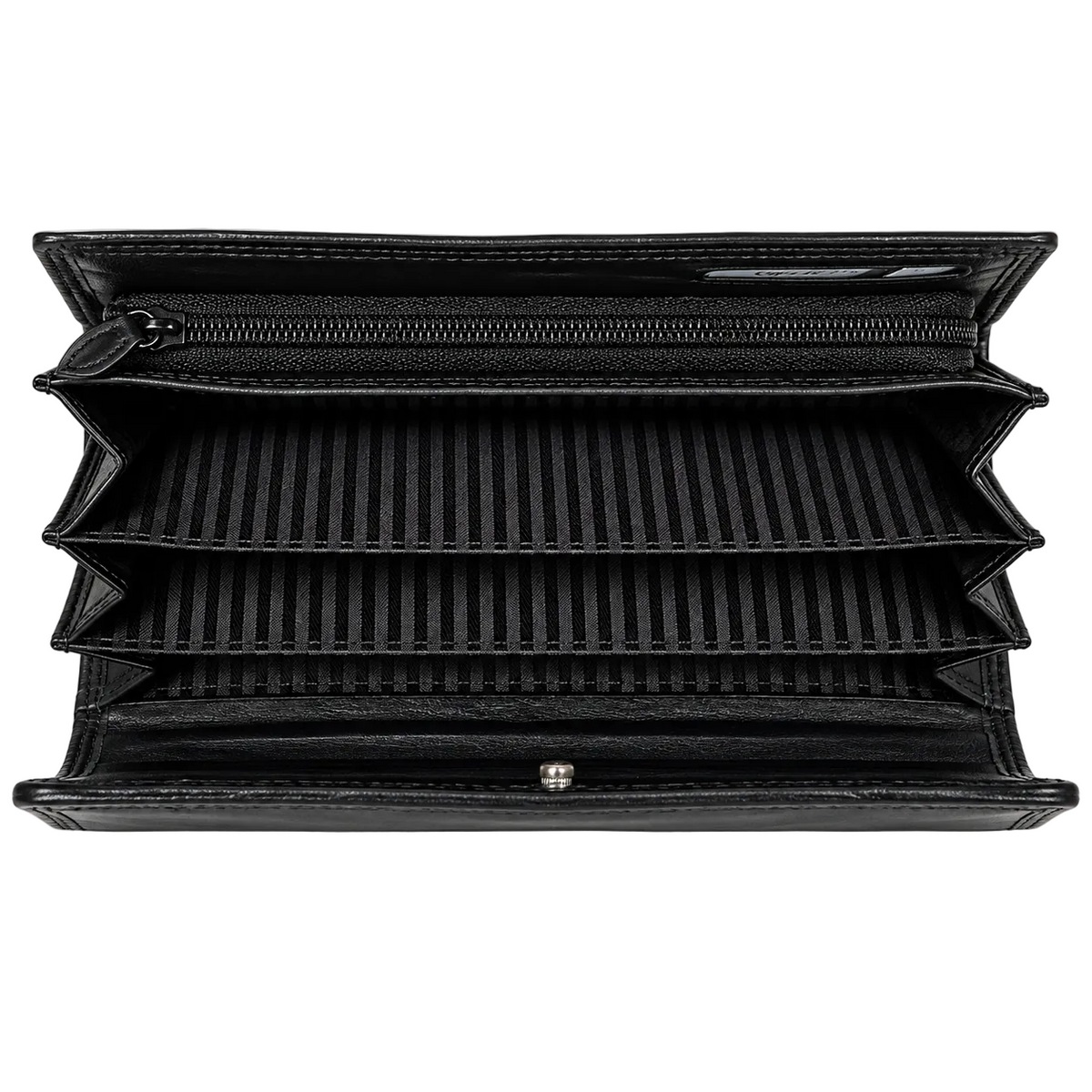 Migant black long leather wallet accordion compartment view