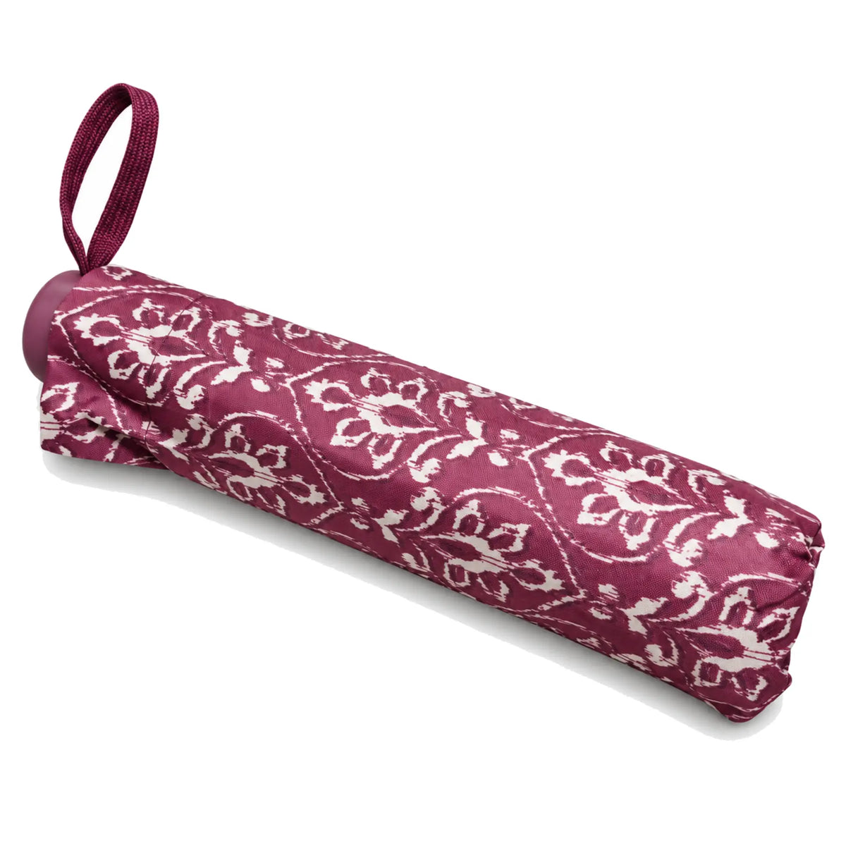 Folded burgundy floral compact umbrella with wrist loop on pure white background