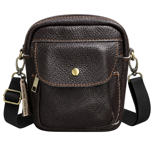 Migant dark brown genuine leather crossbody bag angled view