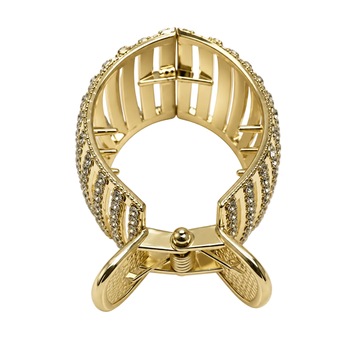 Gold-tone rhinestone cage hair claw clip, rear hinge view
