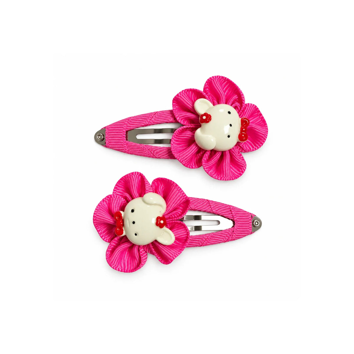 Pair of hot pink ribbon flower snap hair clips with bunny-style decorations