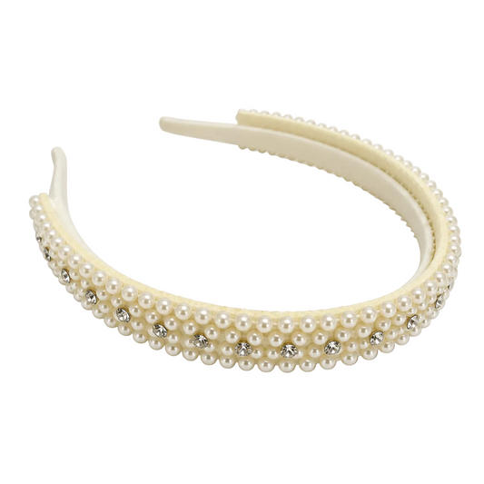Ivory pearl and crystal headband, detailed side view