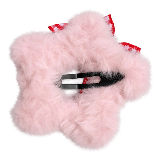 Migant Kids pink fluffy Christmas hair clip – back and snap clip view