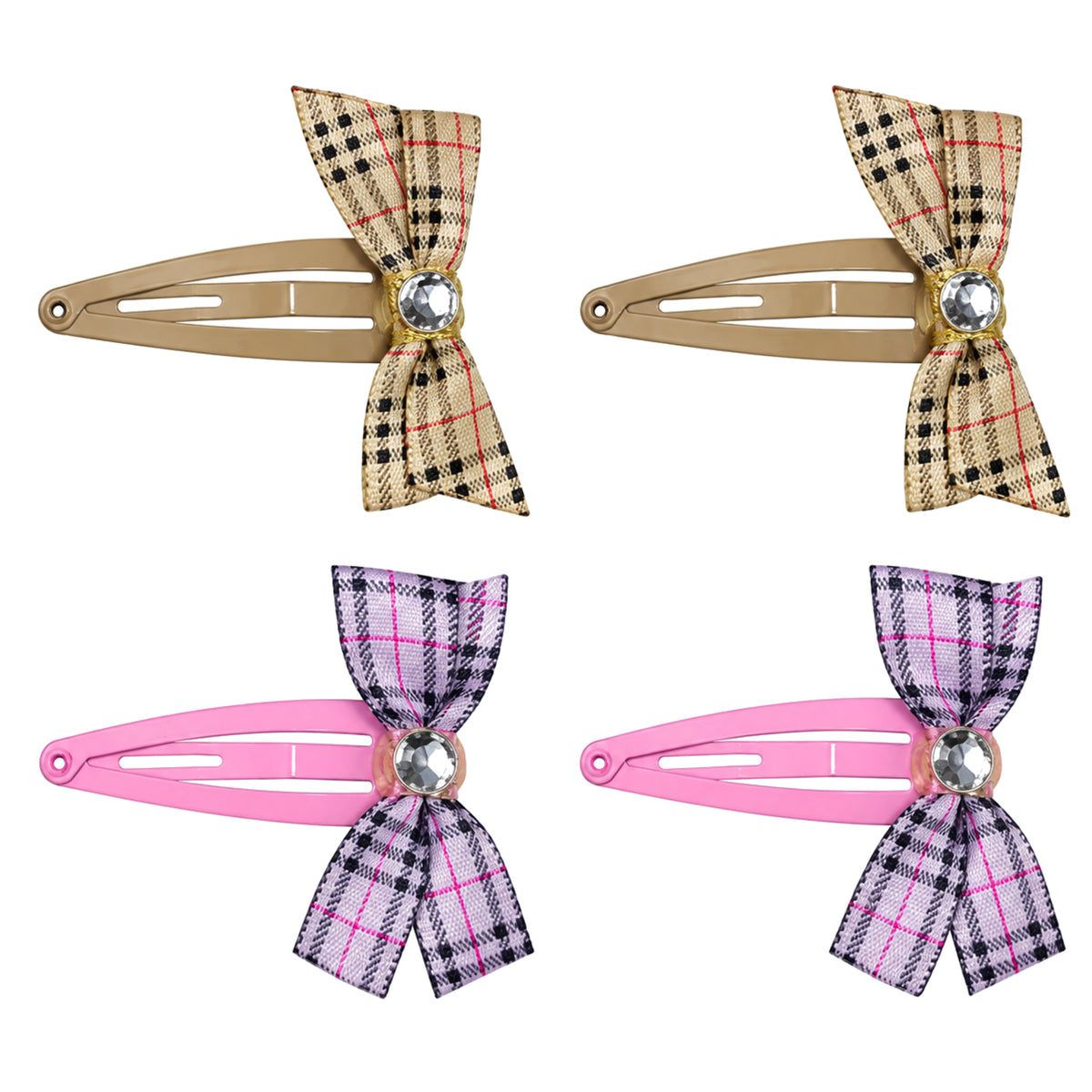 Migant Kids four-piece plaid bow snap hair clip set with two beige clips and two pink and grey clips