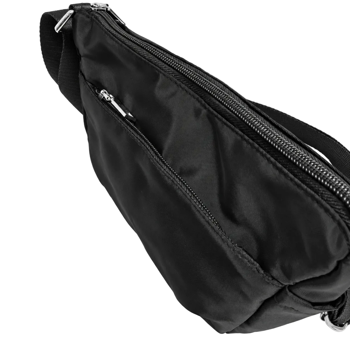 Migant men's black multi-pocket crossbody bag zipper detail