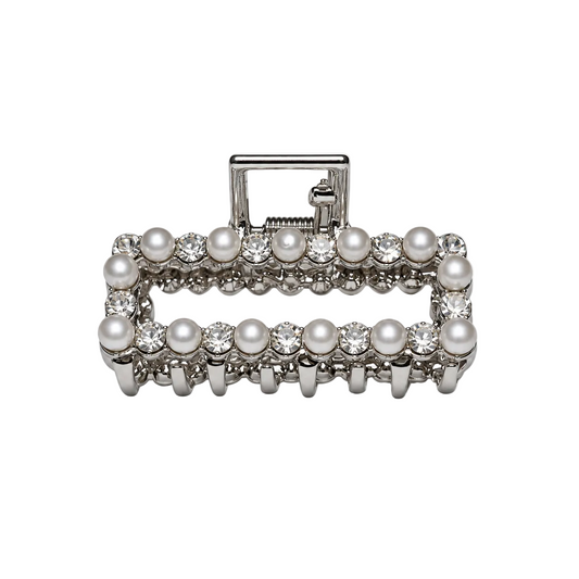 Migant pearl and rhinestone rectangular hair claw clip in silver