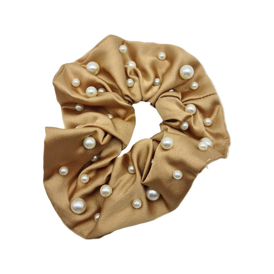 Migant Pearl Embellished Satin Scrunchies – Golden