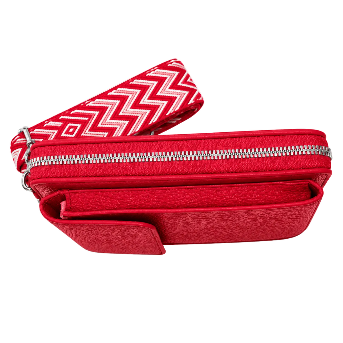 Red pebbled phone crossbody bag with silver zipper and front pockets, side view