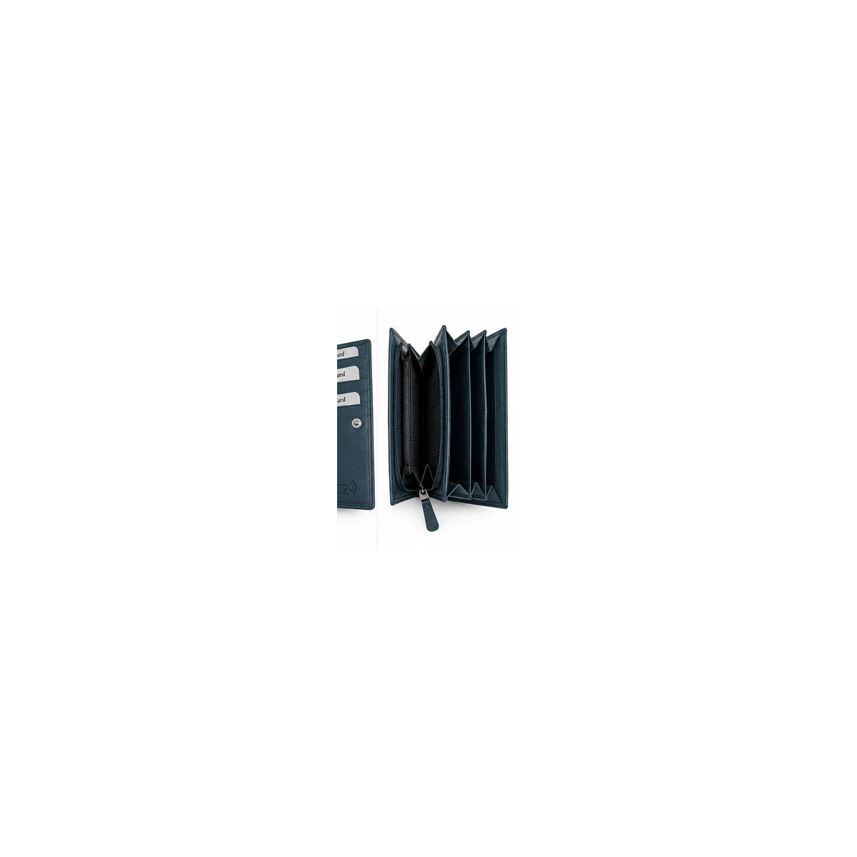 Migant women's long RFID wallet in dark teal - accordion compartment view