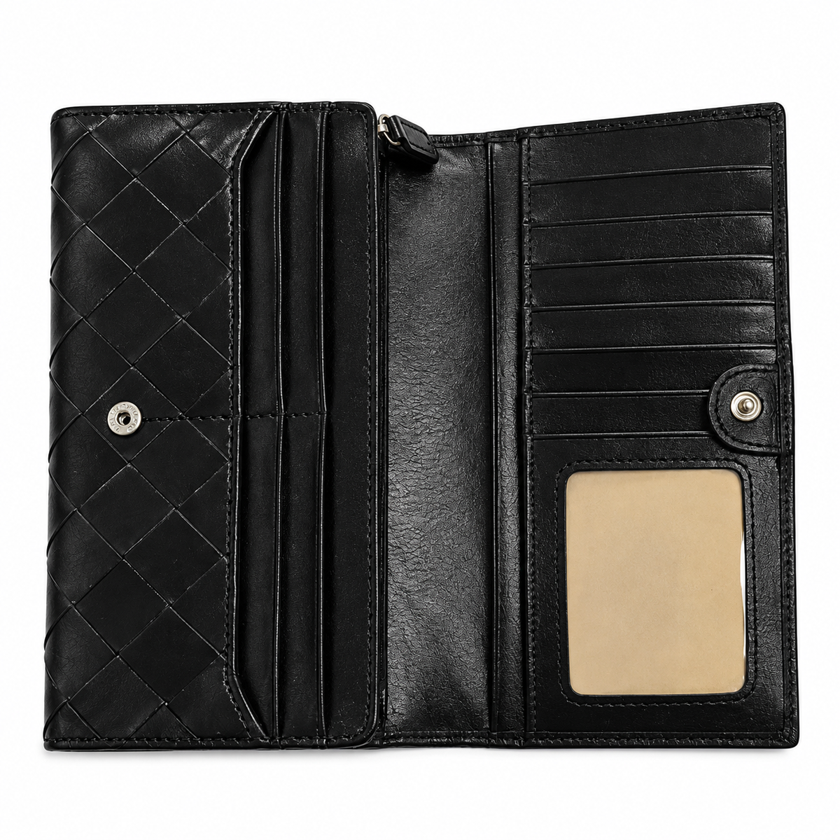 Black woven long wallet by Migant open interior view