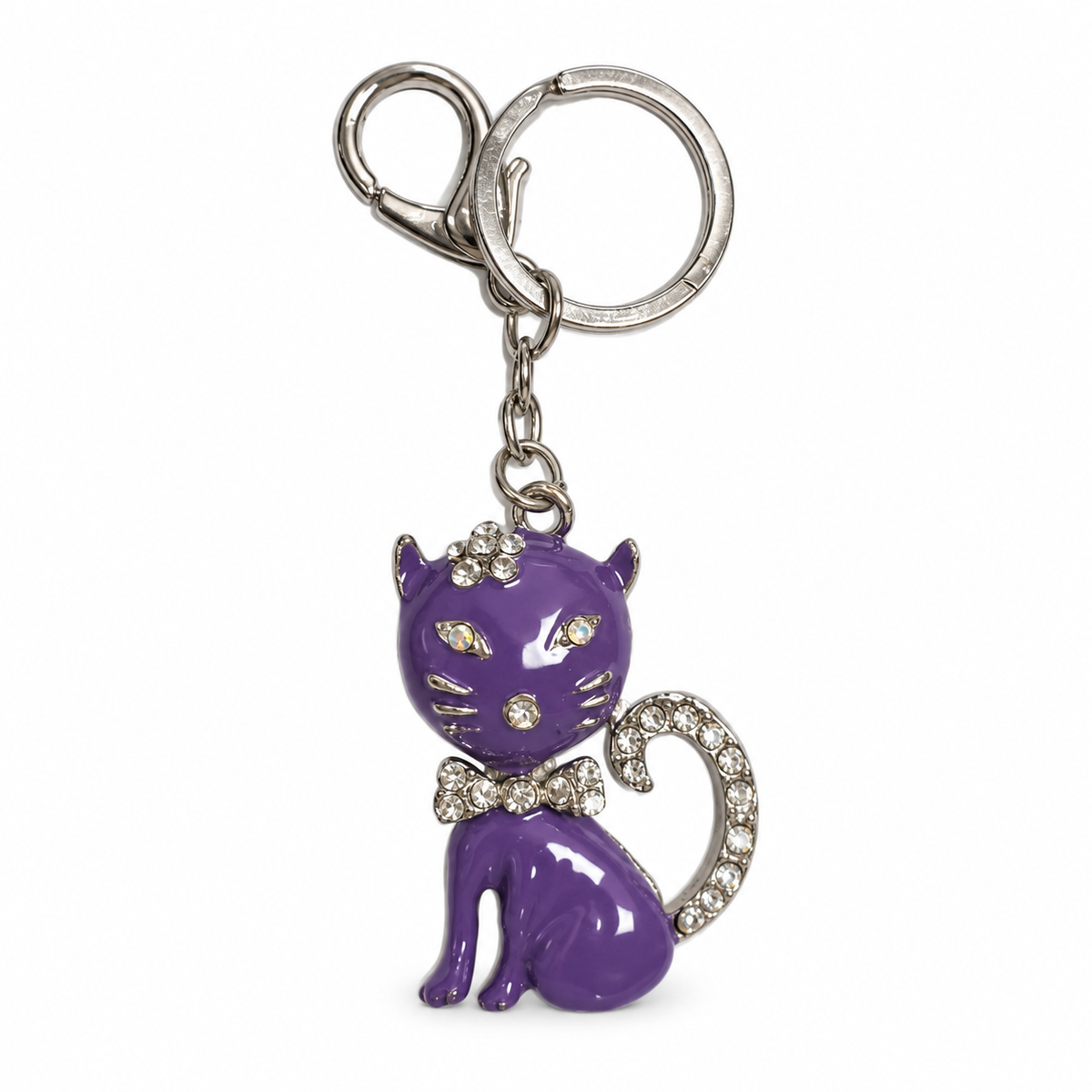 Purple enamel cat keyring with silver-tone crystal bow and tail