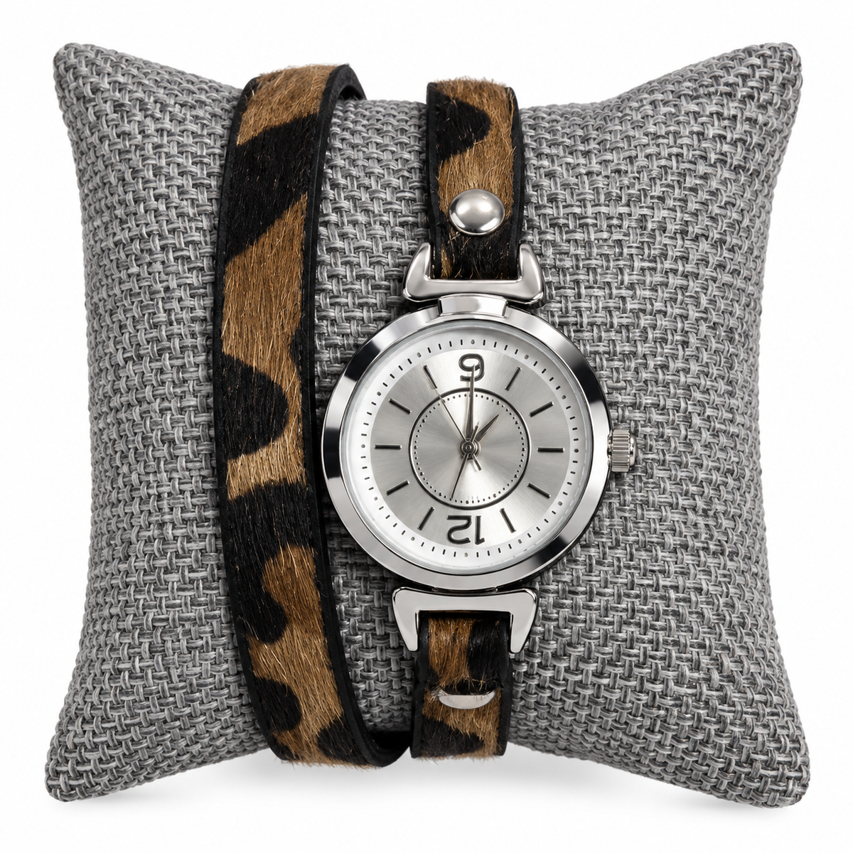 Migant women's black wrap watch with leopard-print strap
