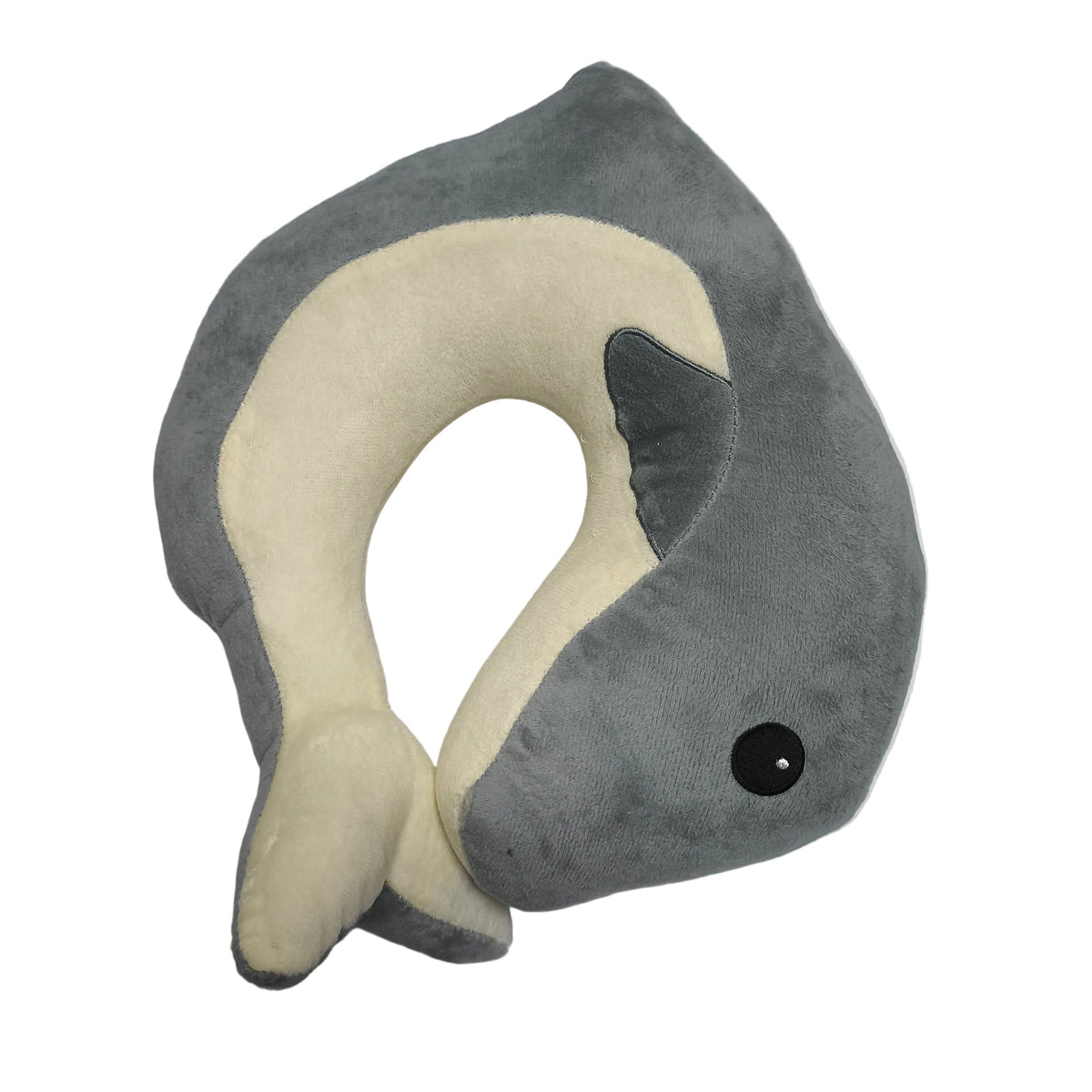 Gray and beige shark-shaped neck pillow on a white background