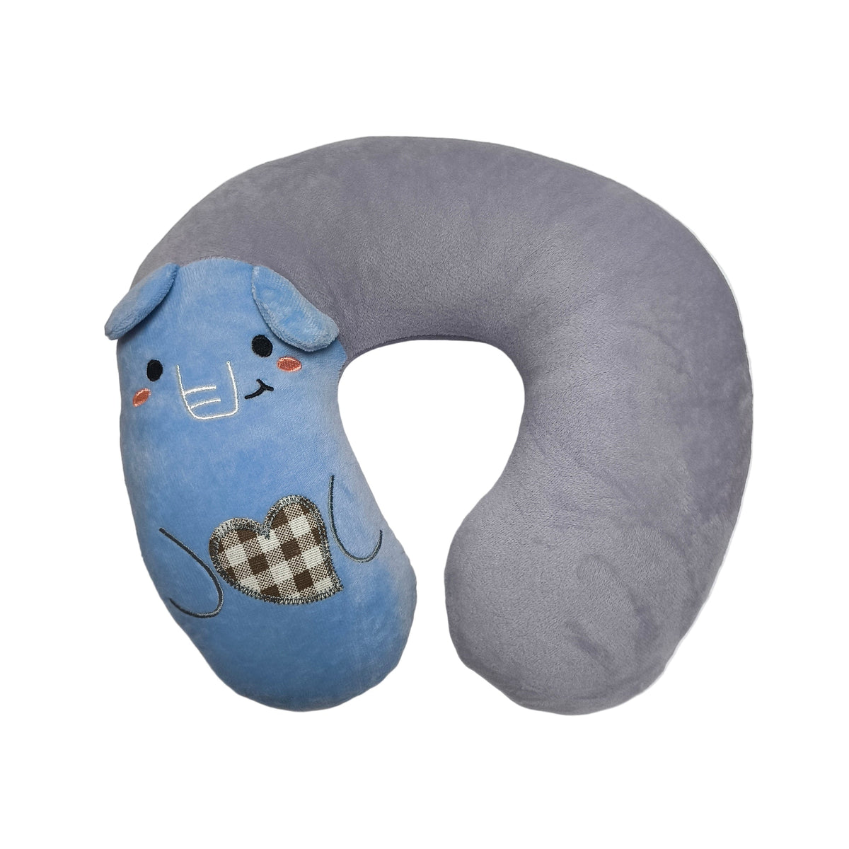 Gray neck pillow with a blue face design on a white background
