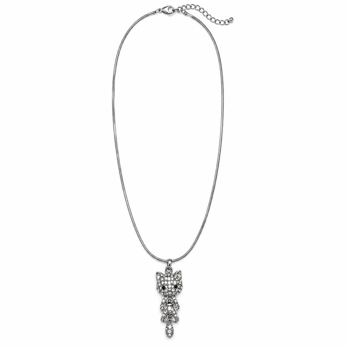 Silver-tone articulated crystal cat pendant necklace