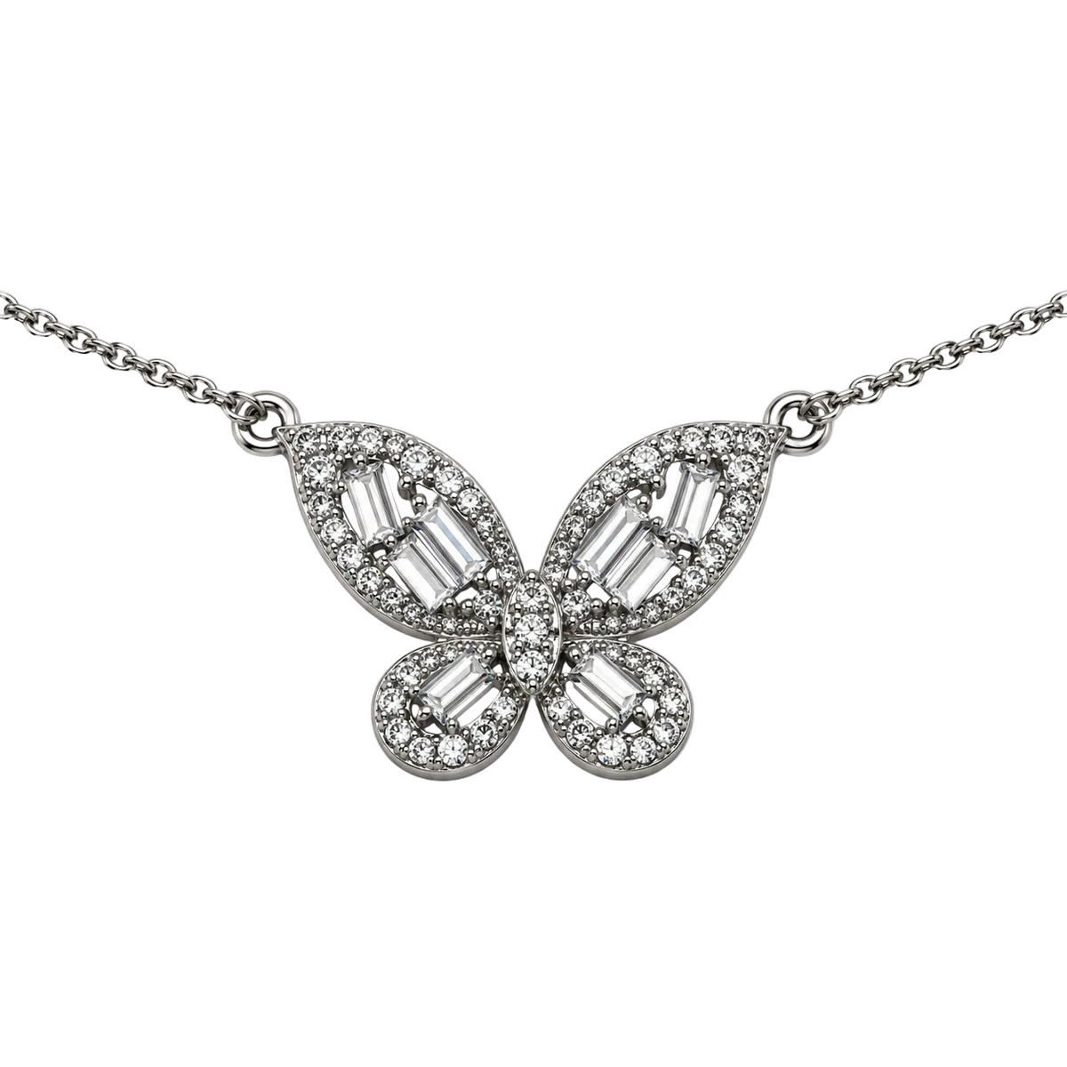 Close-up of silver-tone crystal butterfly necklace