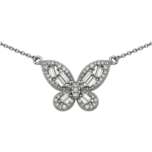 Close-up of silver-tone crystal butterfly necklace