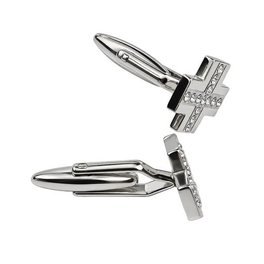 Pair of silver-tone geometric crystal cufflinks angled view