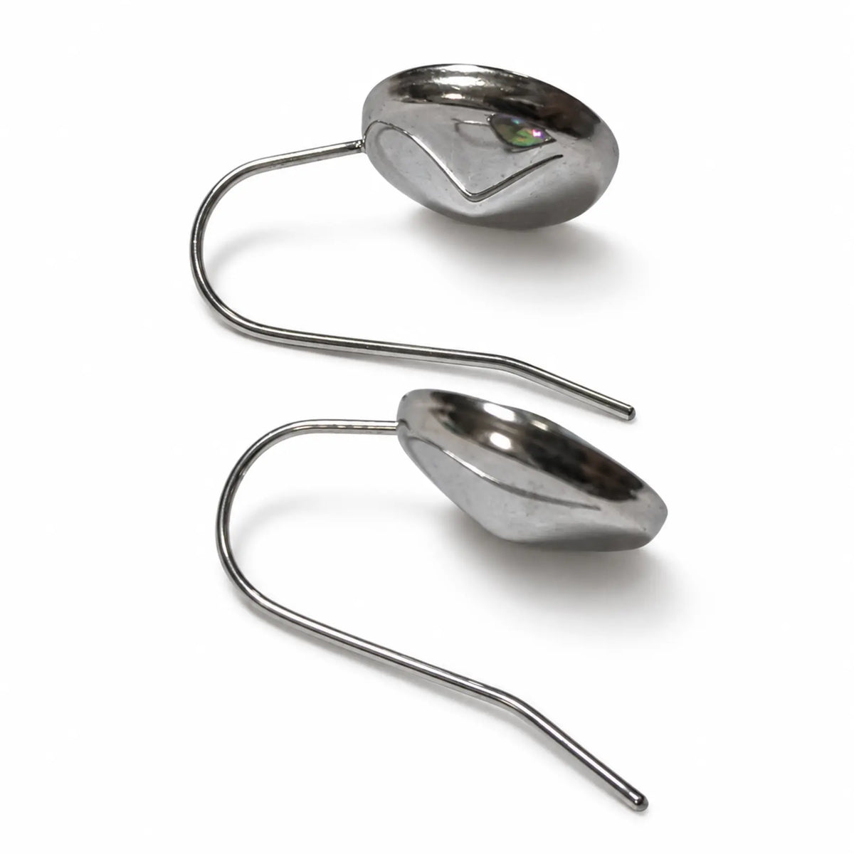 Back and hook view of silver-tone iridescent crystal earrings