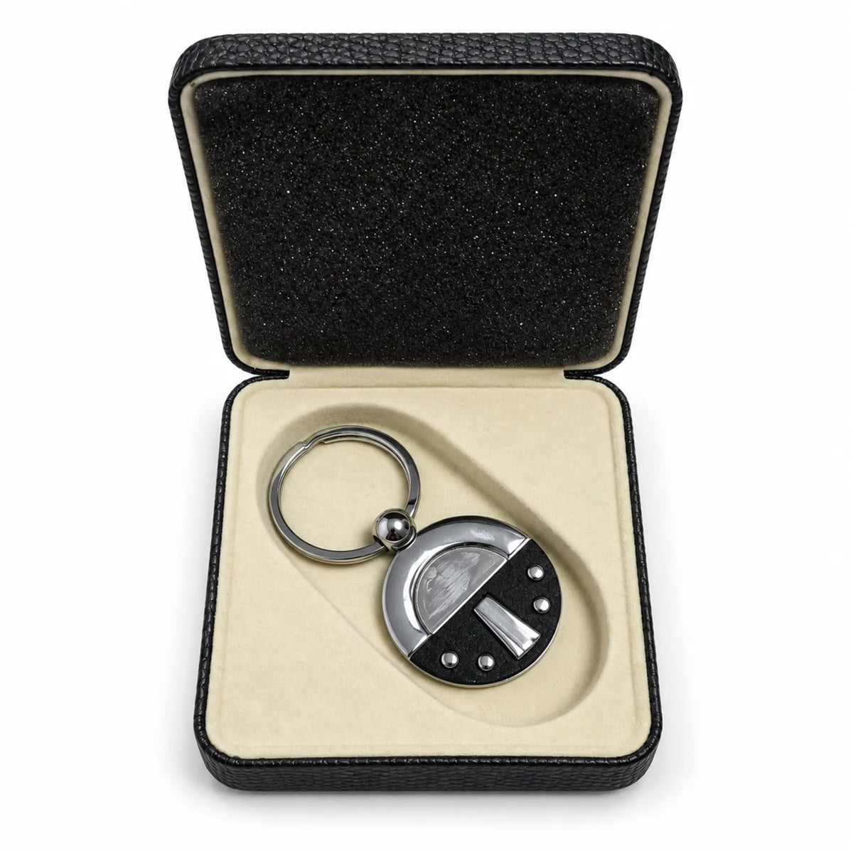 Men's round black and silver keyring in presentation case