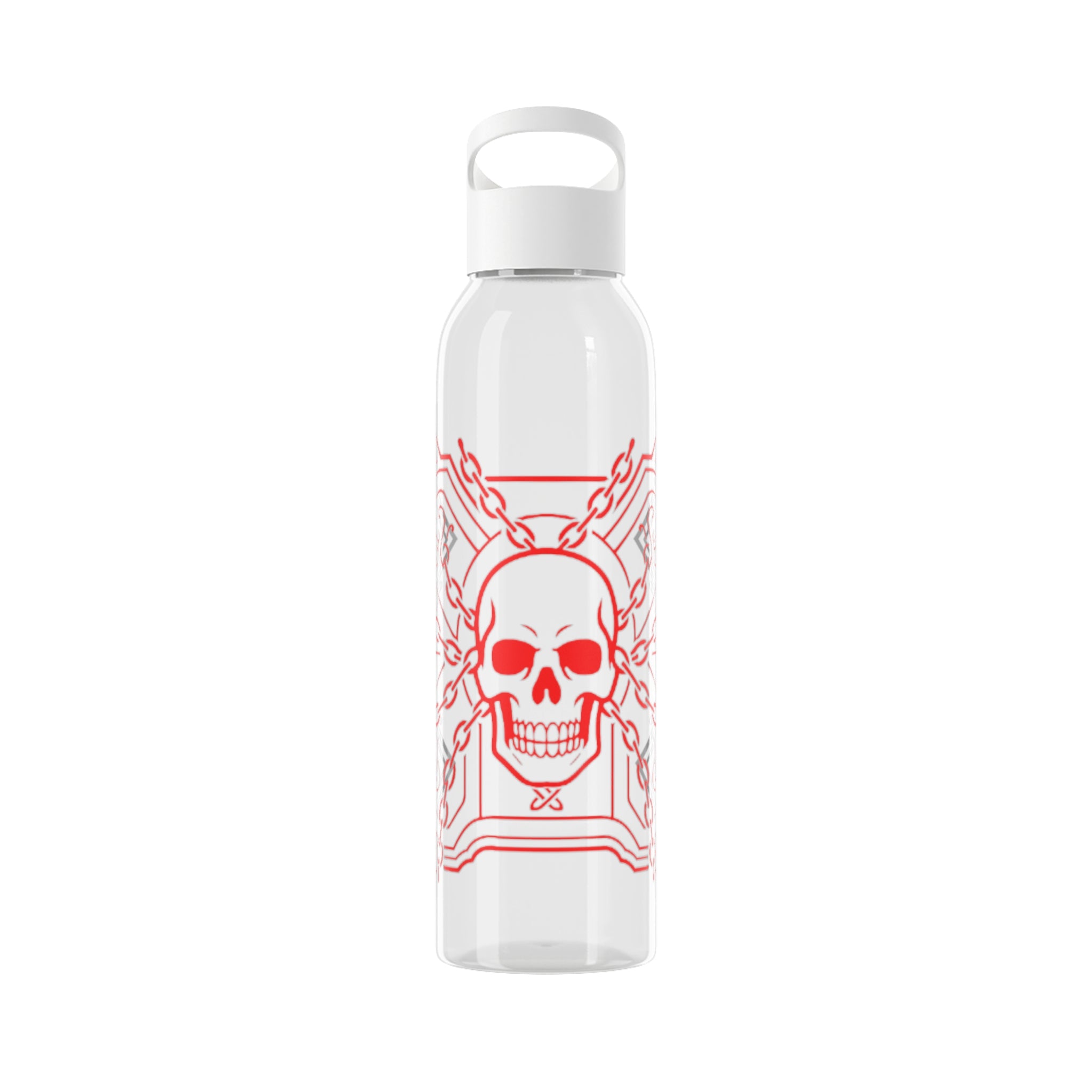 White water bottle with red skull design on a white background