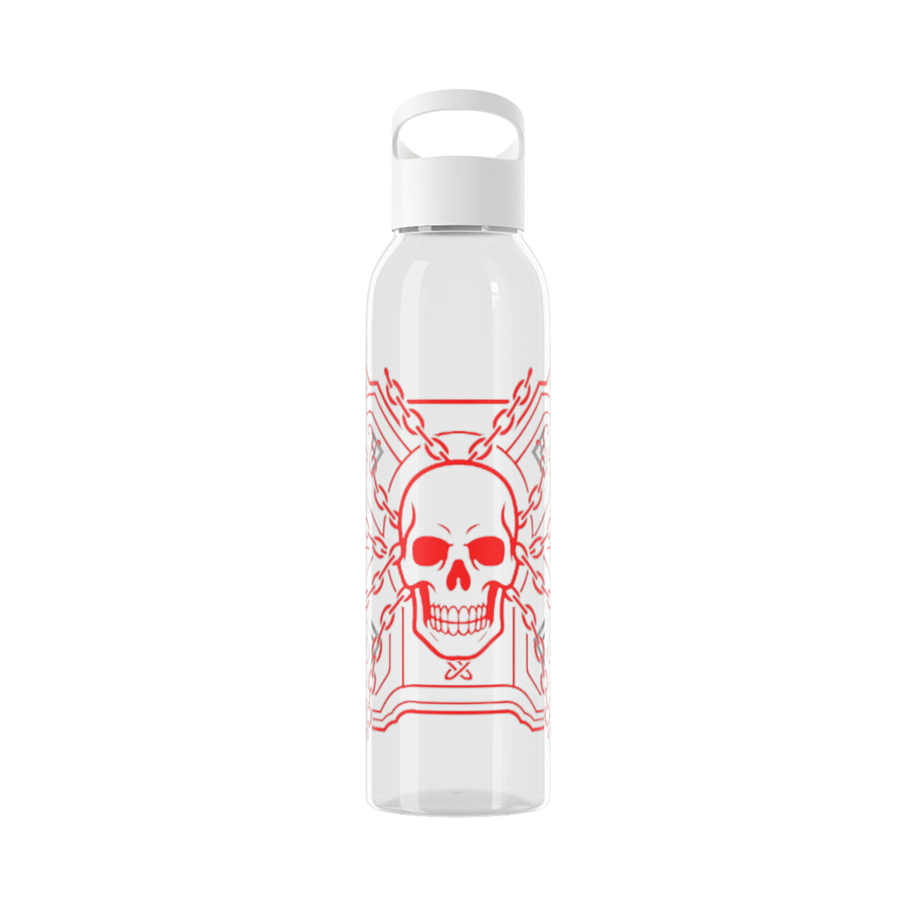 White water bottle with red skull design on a white background