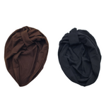 Load image into Gallery viewer, Two turbans, one brown and one black, displayed against a white background.
