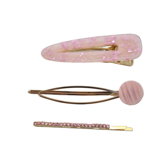 A set of hair accessories including a clip and a barrette with pink and gold color scheme.