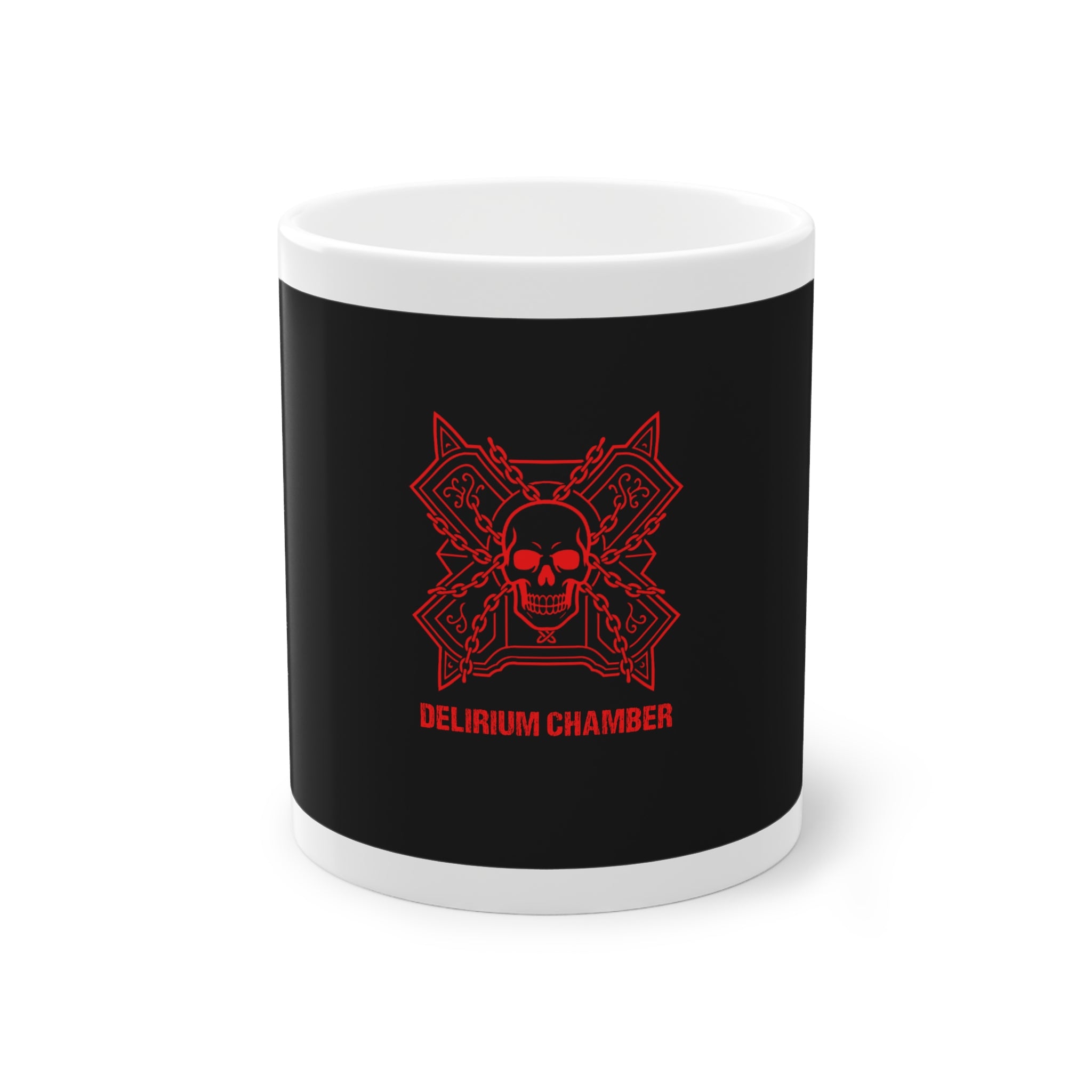 Delirium Chamber Skull Logo Mug — Gothic Red Skull Coffee Cup