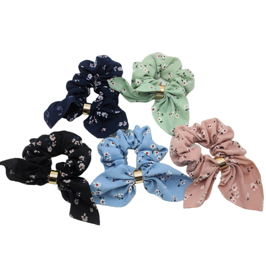 Migant Floral Bow Satin Scrunchies – Set of 5