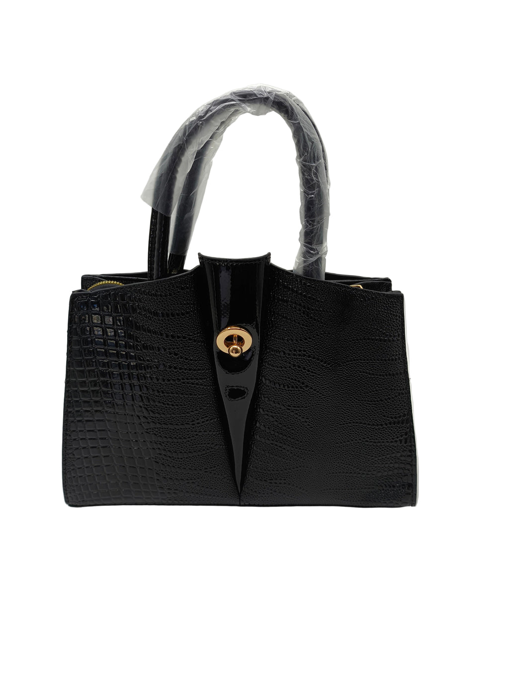 Black handbag with a gold clasp on a white background