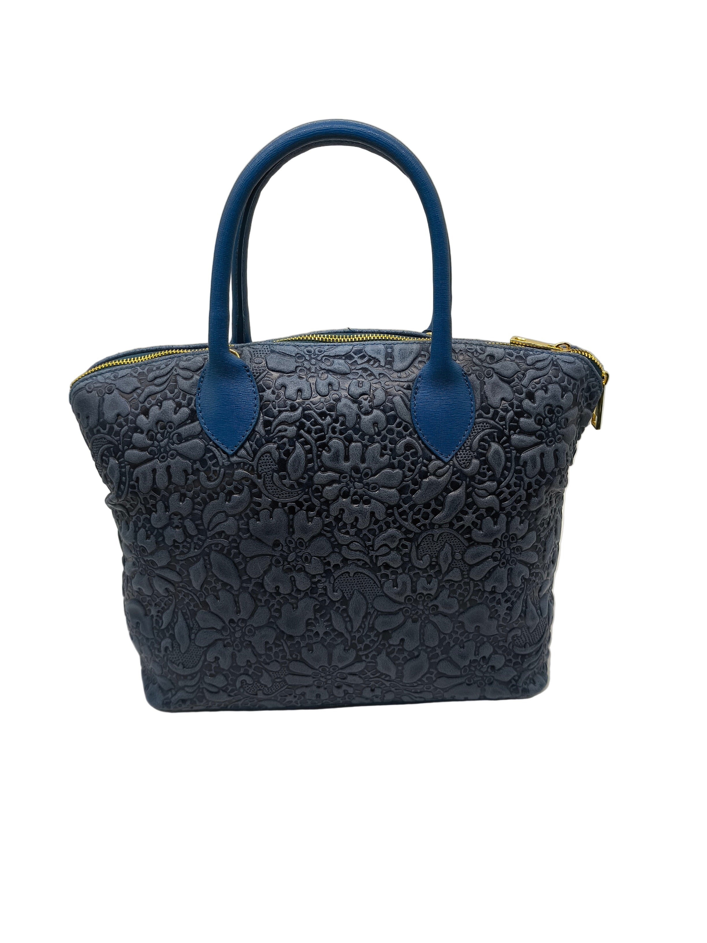 Blue lace handbag on a white background